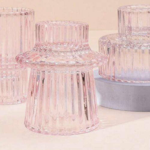 Pink Ribbed Glass Candleholder Set